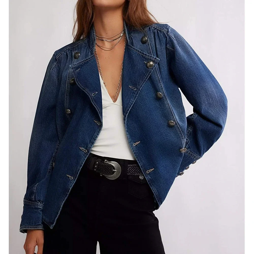 Free People Imogene Denim Officer Jacket Sally Wash Blue Size M NWT - Picture 2 of 4